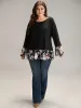 Floral Patchwork Round Neck Bell Sleeve T-shirt sold by Bloomchic