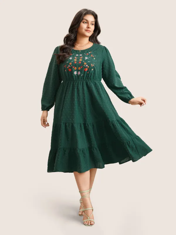 Floral Embroidered Textured Ruffle Layered Hem Dress sold by Bloomchic