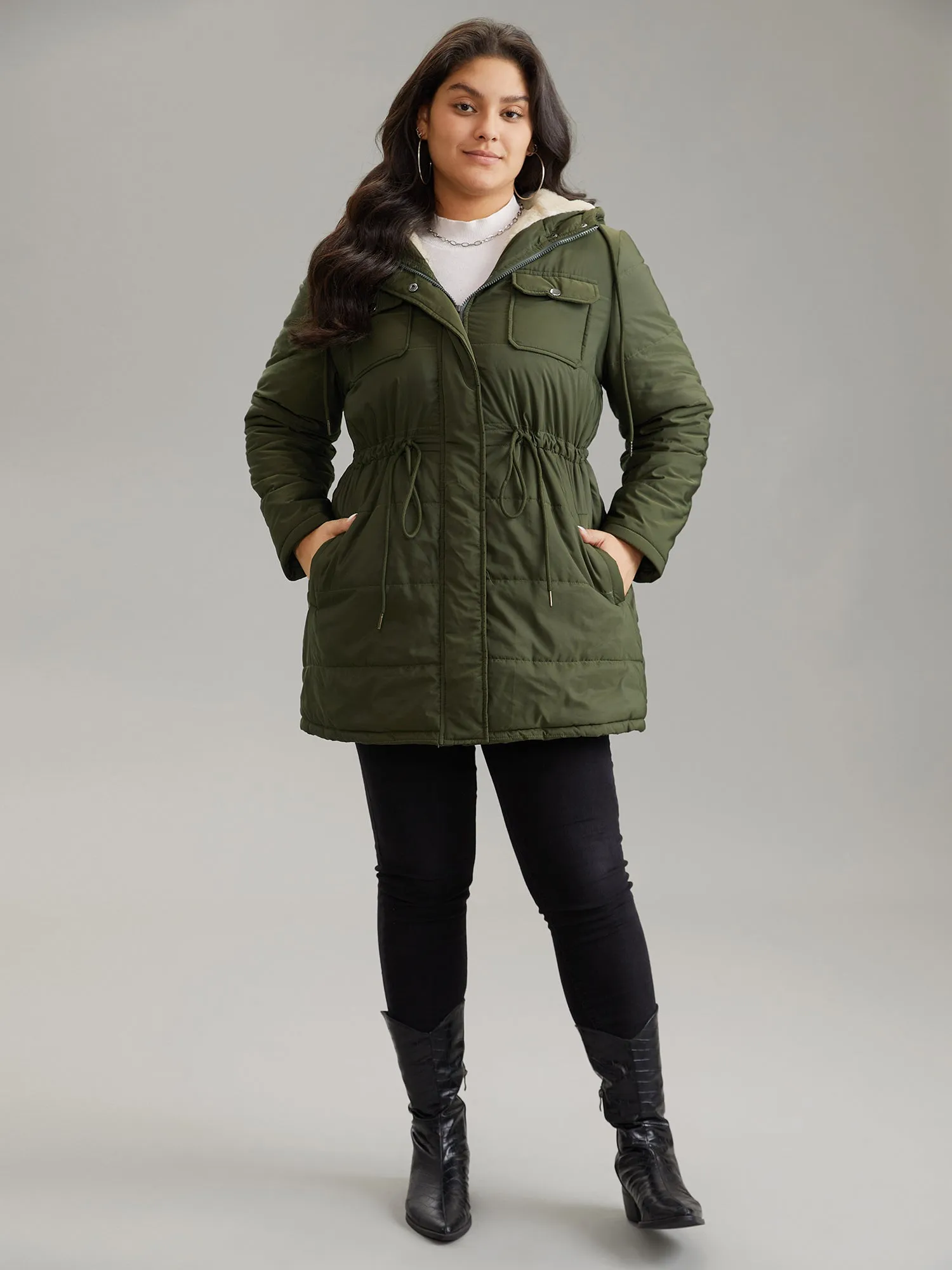 Solid Drawstring Patchwork Fluffy Hooded Padded Coat sold by Bloomchic product image thumbnail 3