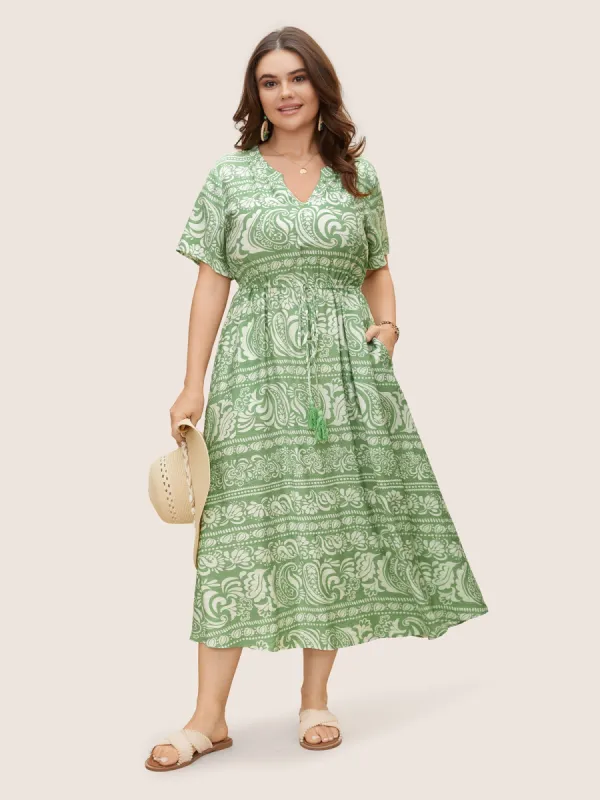 Boho Print Drawstring Tassels Midi Dress sold by Bloomchic