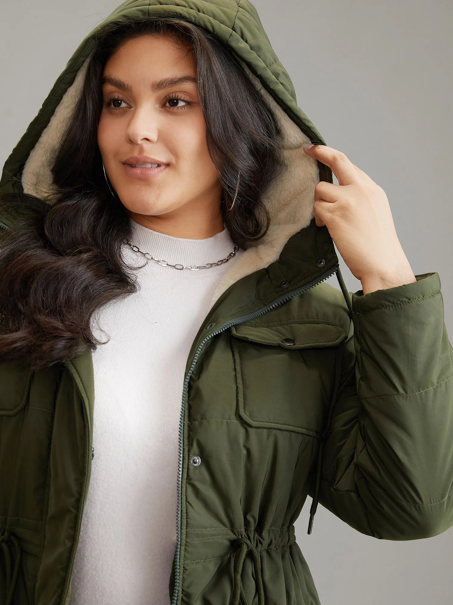 Solid Drawstring Patchwork Fluffy Hooded Padded Coat sold by Bloomchic product image thumbnail 5