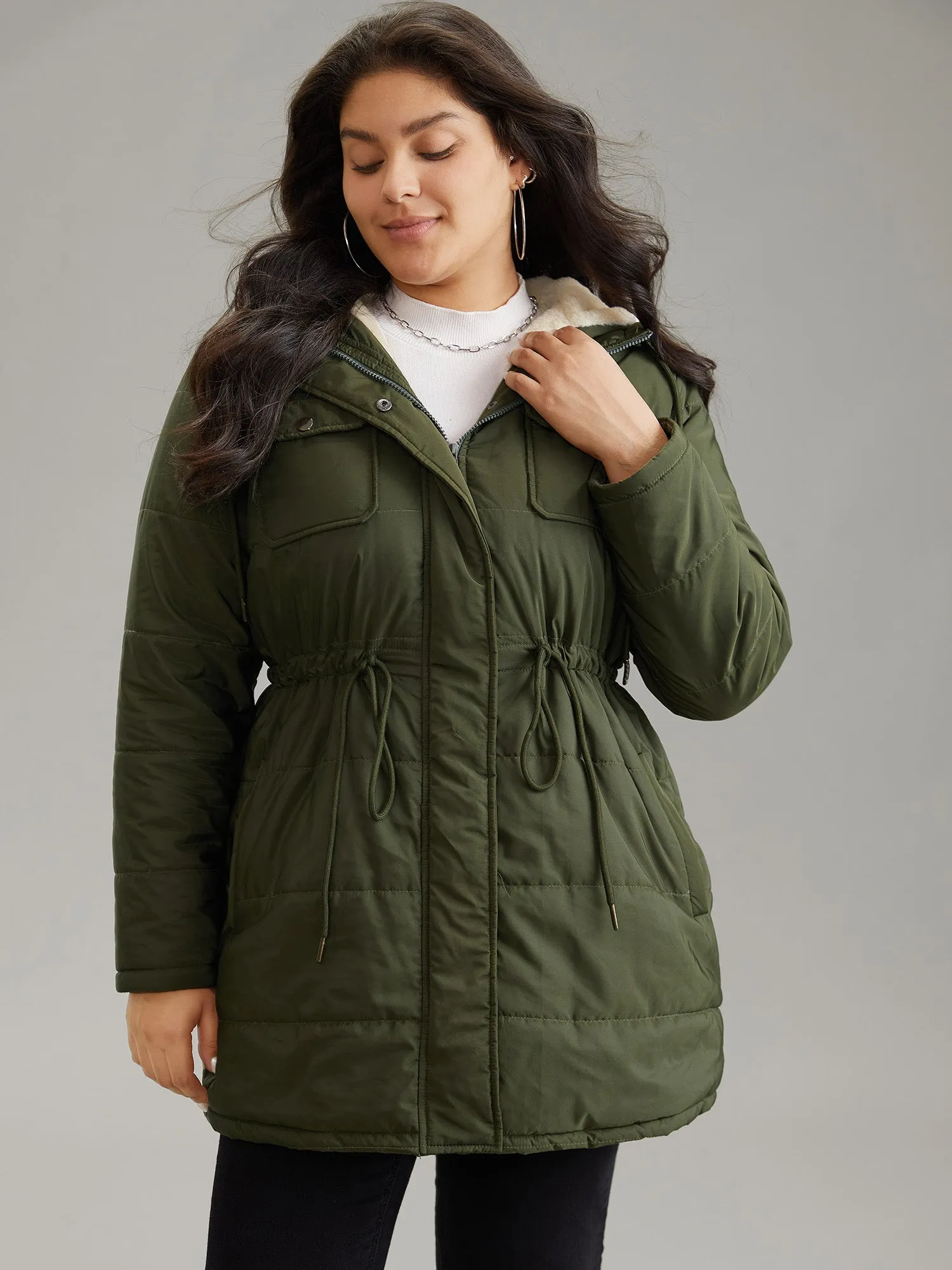 Solid Drawstring Patchwork Fluffy Hooded Padded Coat sold by Bloomchic product image thumbnail 2