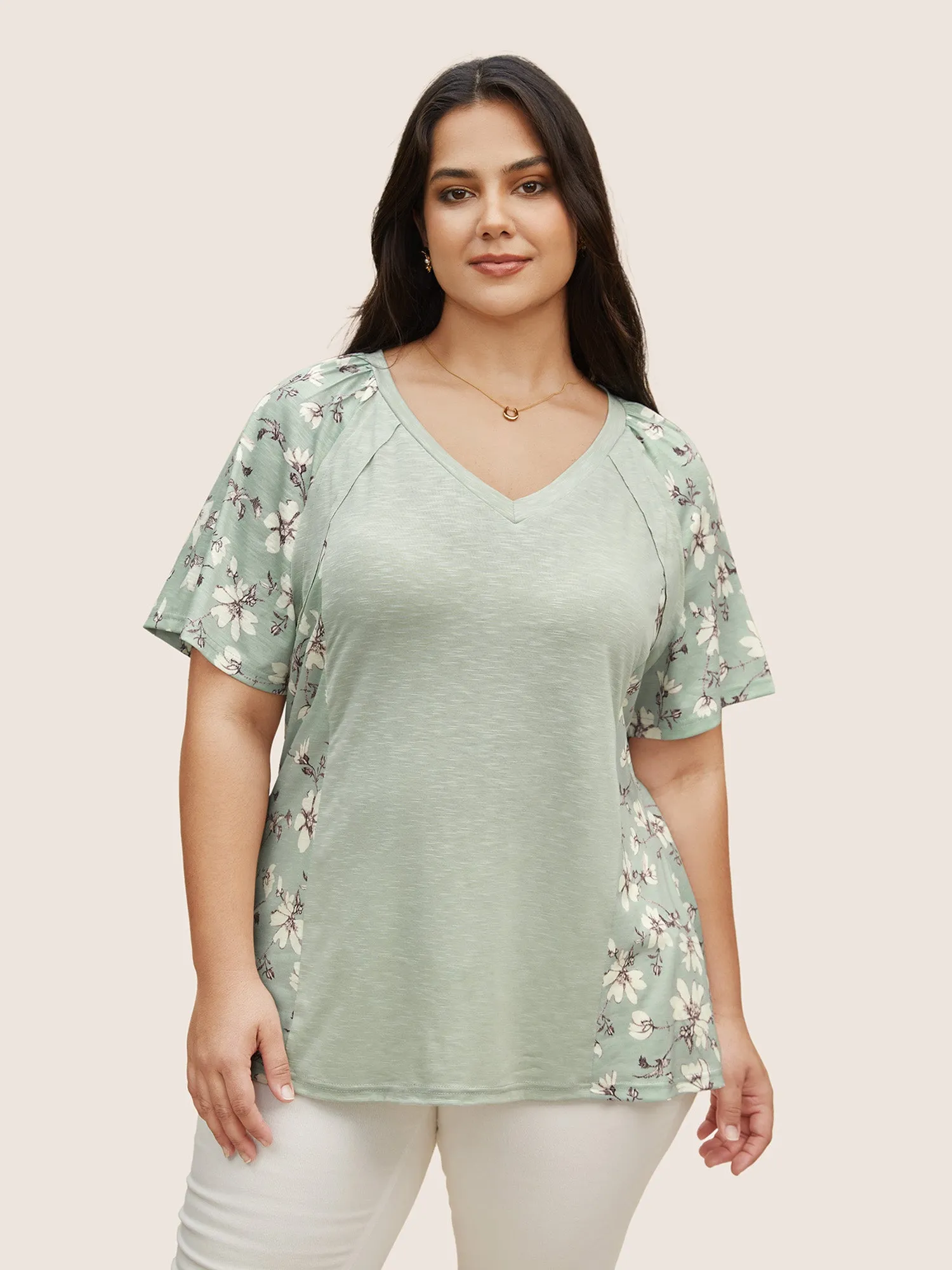 Floral Patchwork Pleated Raglan Sleeve T-shirt sold by Bloomchic