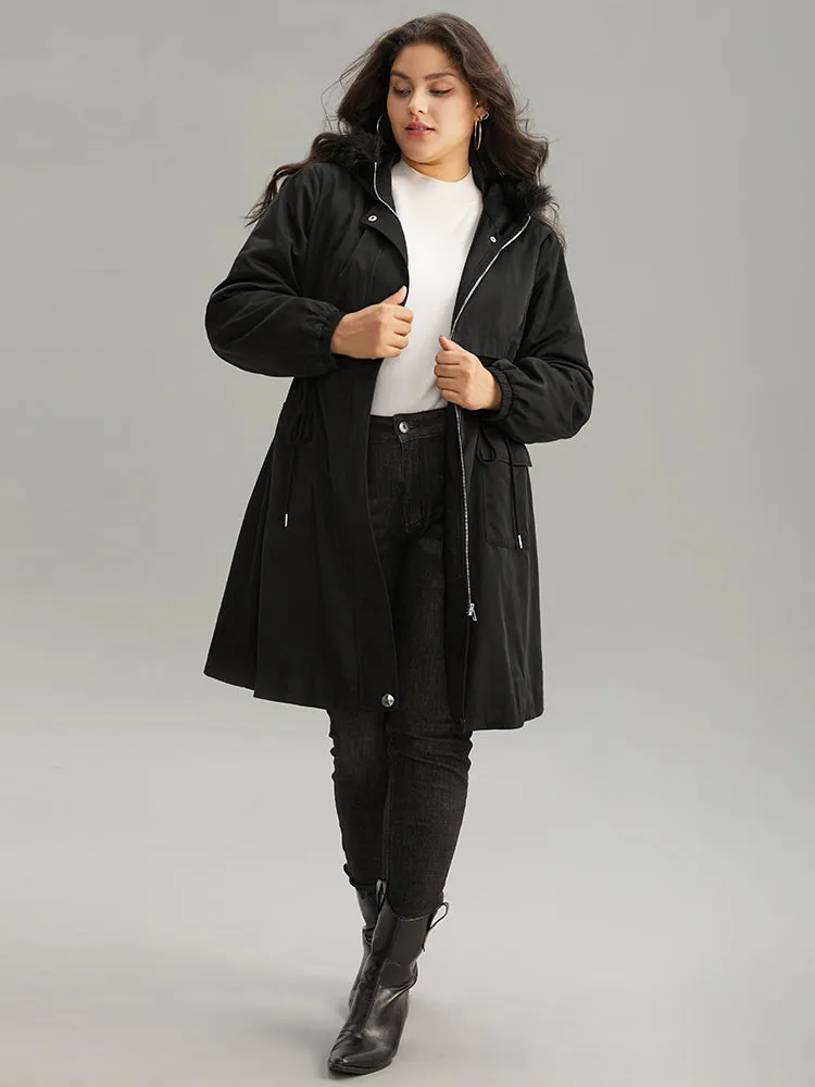 Solid Hooded Drawstring Zipper Fuzzy Trim Coat sold by Bloomchic product image thumbnail 3