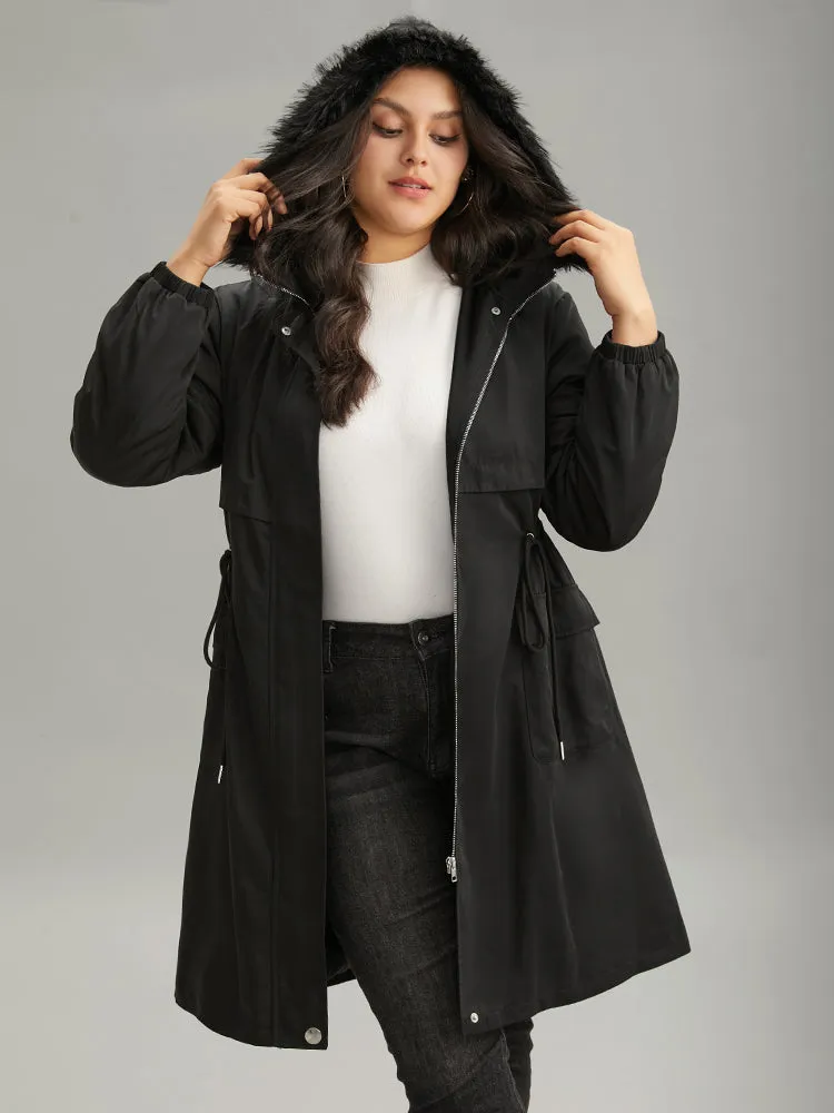 Solid Hooded Drawstring Zipper Fuzzy Trim Coat sold by Bloomchic