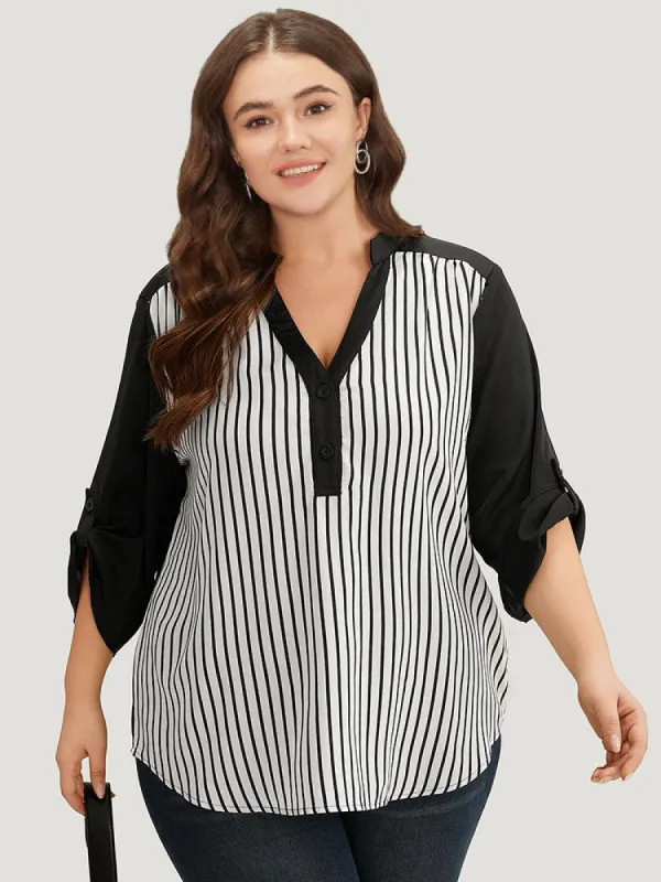 Striped Patchwork Tab Sleeve Blouse sold by Bloomchic