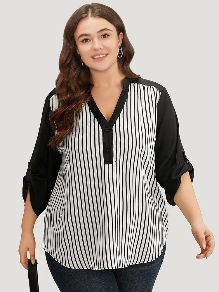 Striped Patchwork Tab Sleeve Blouse sold by Bloomchic