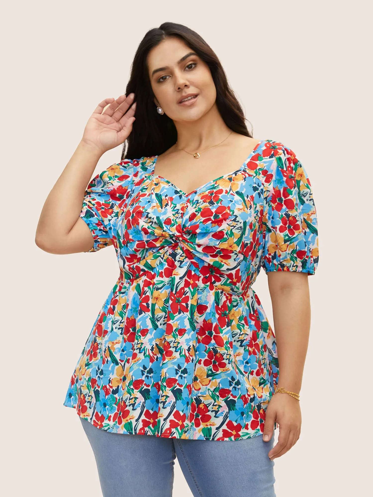 Heart Neckline Floral Twist Front Blouse sold by Bloomchic