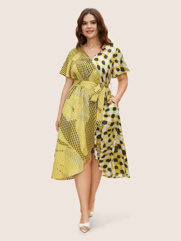 Overlap Collar Contrast Polka Dot Belted Dress sold by Bloomchic