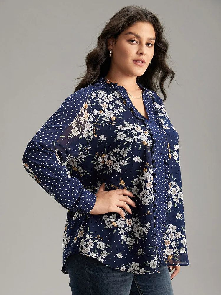 Chiffon Floral Polka Dot Patchwork Frill Trim Mesh Blouse sold by Bloomchic product image thumbnail 3