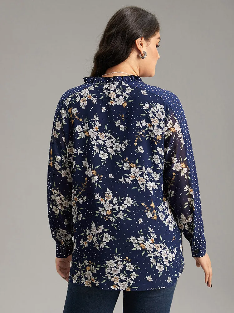 Chiffon Floral Polka Dot Patchwork Frill Trim Mesh Blouse sold by Bloomchic product image thumbnail 2