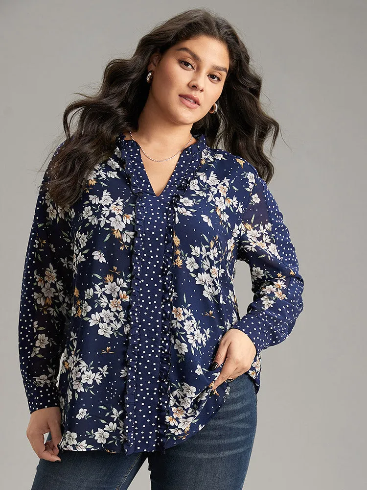 Chiffon Floral Polka Dot Patchwork Frill Trim Mesh Blouse sold by Bloomchic