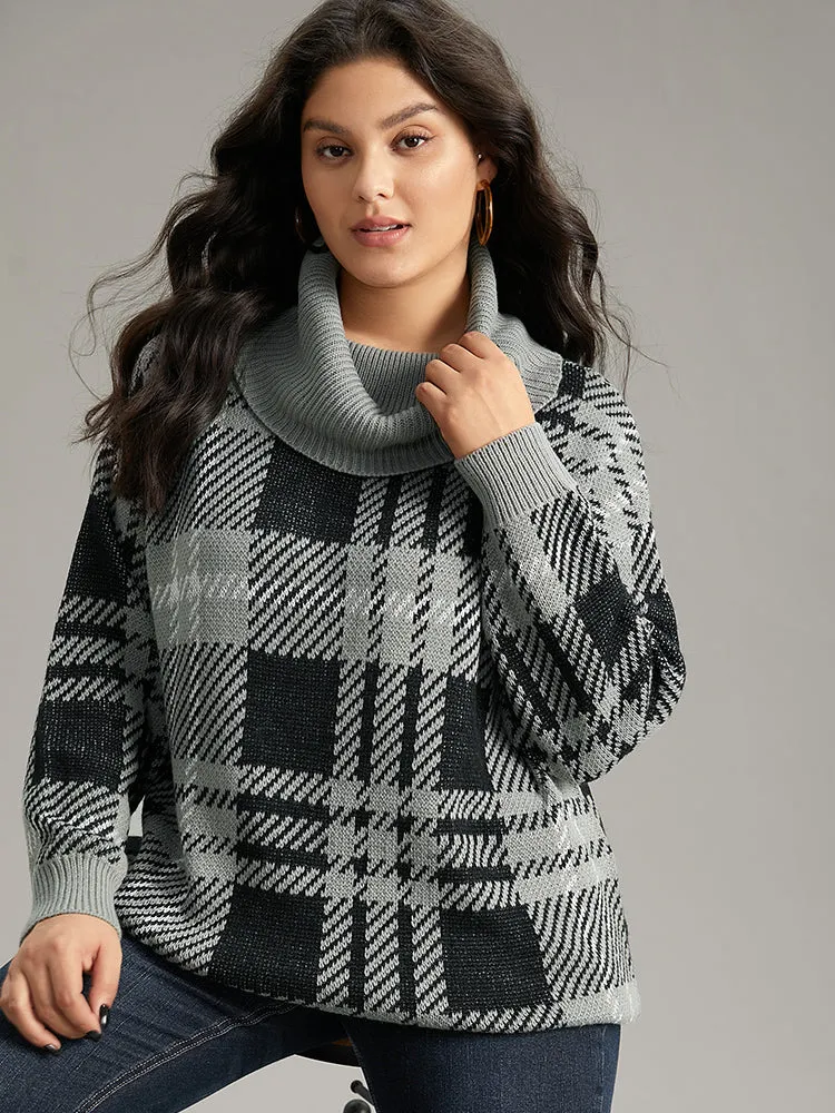 Plaid Turtle Neck Drop Shoulder Pullover sold by Bloomchic