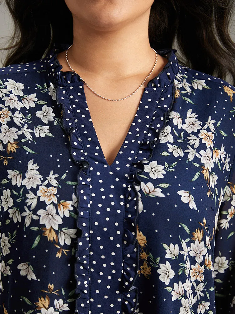 Chiffon Floral Polka Dot Patchwork Frill Trim Mesh Blouse sold by Bloomchic product image thumbnail 5