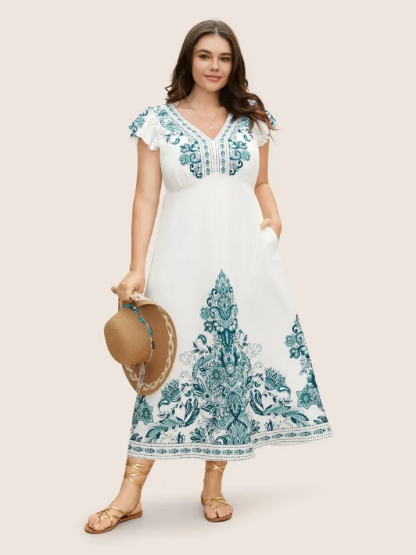 V Neck Boho Print Ruffle Cap Sleeve Dress sold by Bloomchic