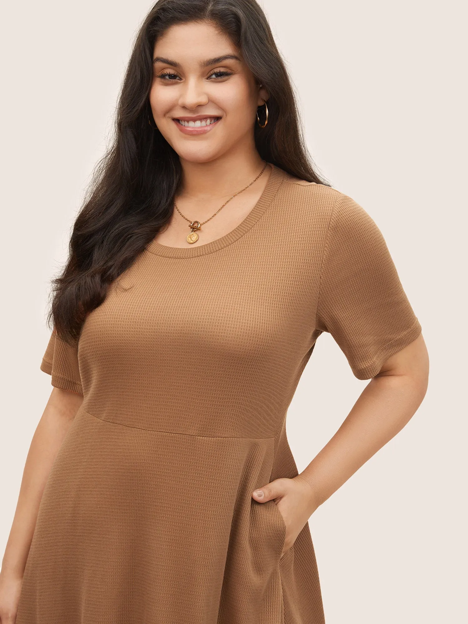 Waffle Knit Pocket Patchwork Hem Dress sold by Bloomchic product image thumbnail 4