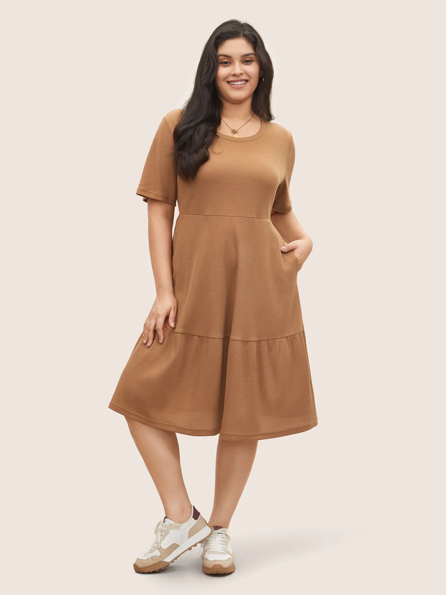 Waffle Knit Pocket Patchwork Hem Dress sold by Bloomchic product image thumbnail 3