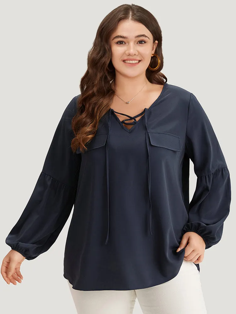 Solid Elastic Cuffs Lace Up Blouse sold by Bloomchic