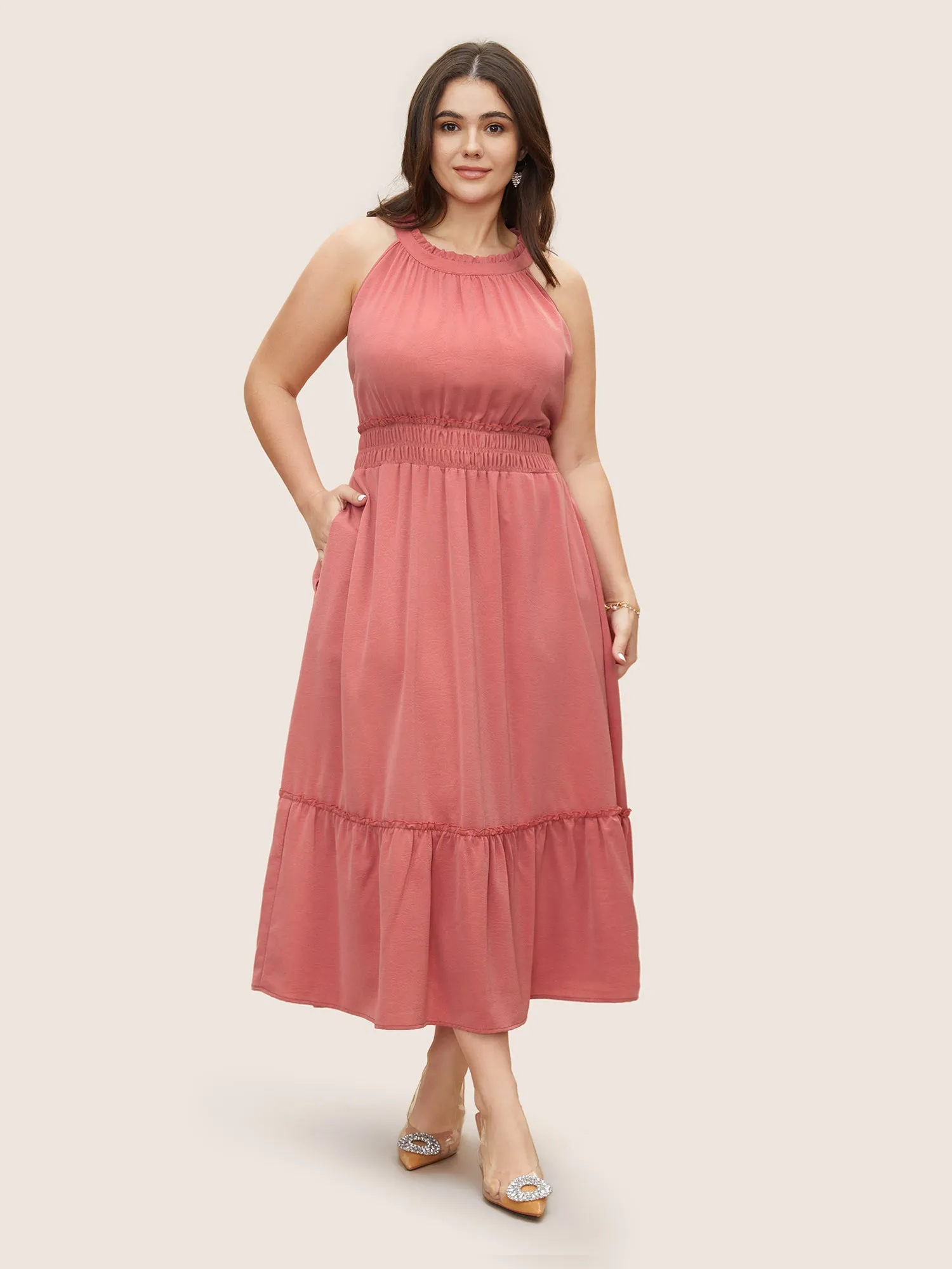 Halter Neck Shirred Frill Trim Gathered Dress sold by Bloomchic product image thumbnail 3