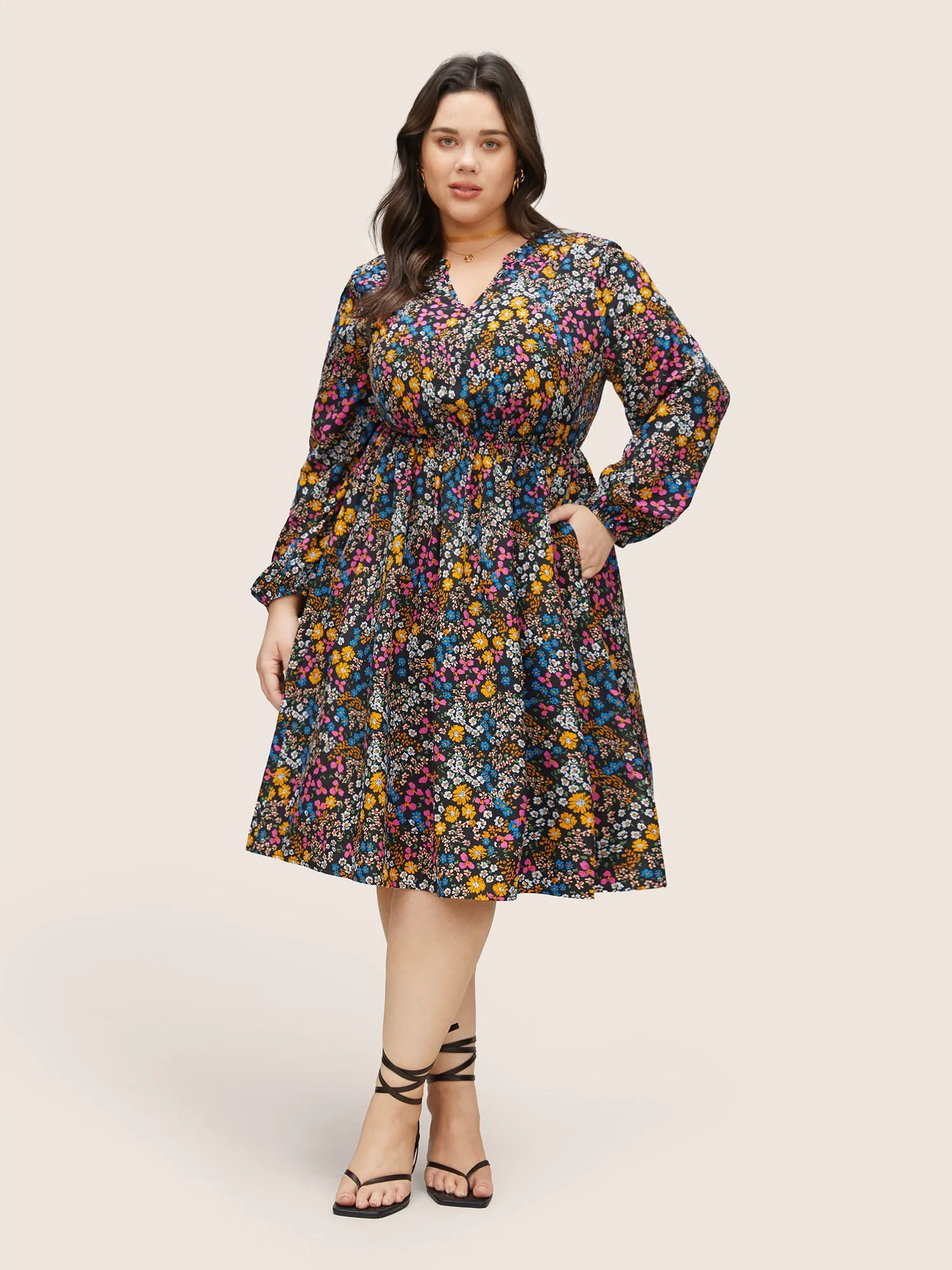 Ditsy Floral Notched Pocket Lantern Sleeve Dress sold by Bloomchic product image thumbnail 2