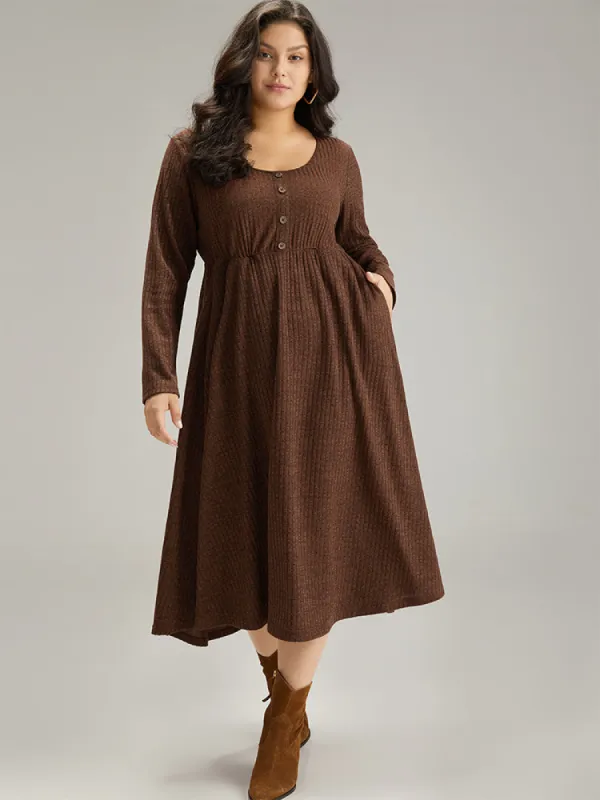 Rib Knit Button Detail Gathered Dress sold by Bloomchic