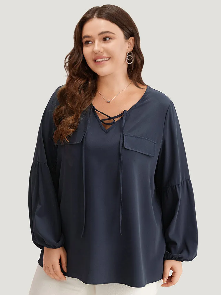 Solid Elastic Cuffs Lace Up Blouse sold by Bloomchic product image thumbnail 2