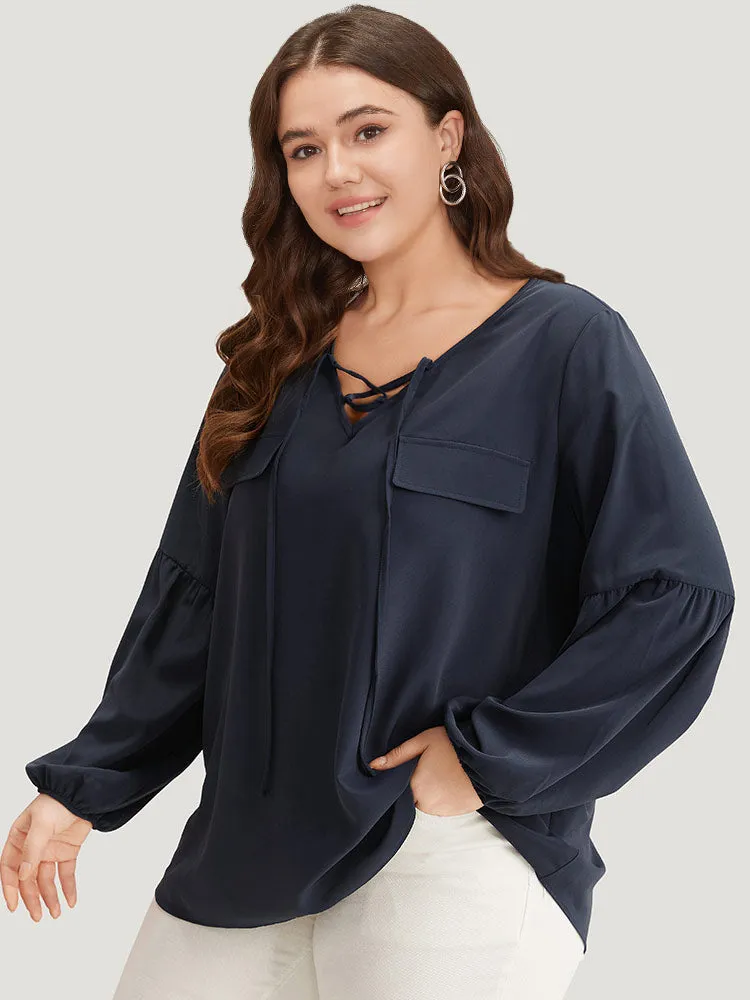 Solid Elastic Cuffs Lace Up Blouse sold by Bloomchic product image thumbnail 3