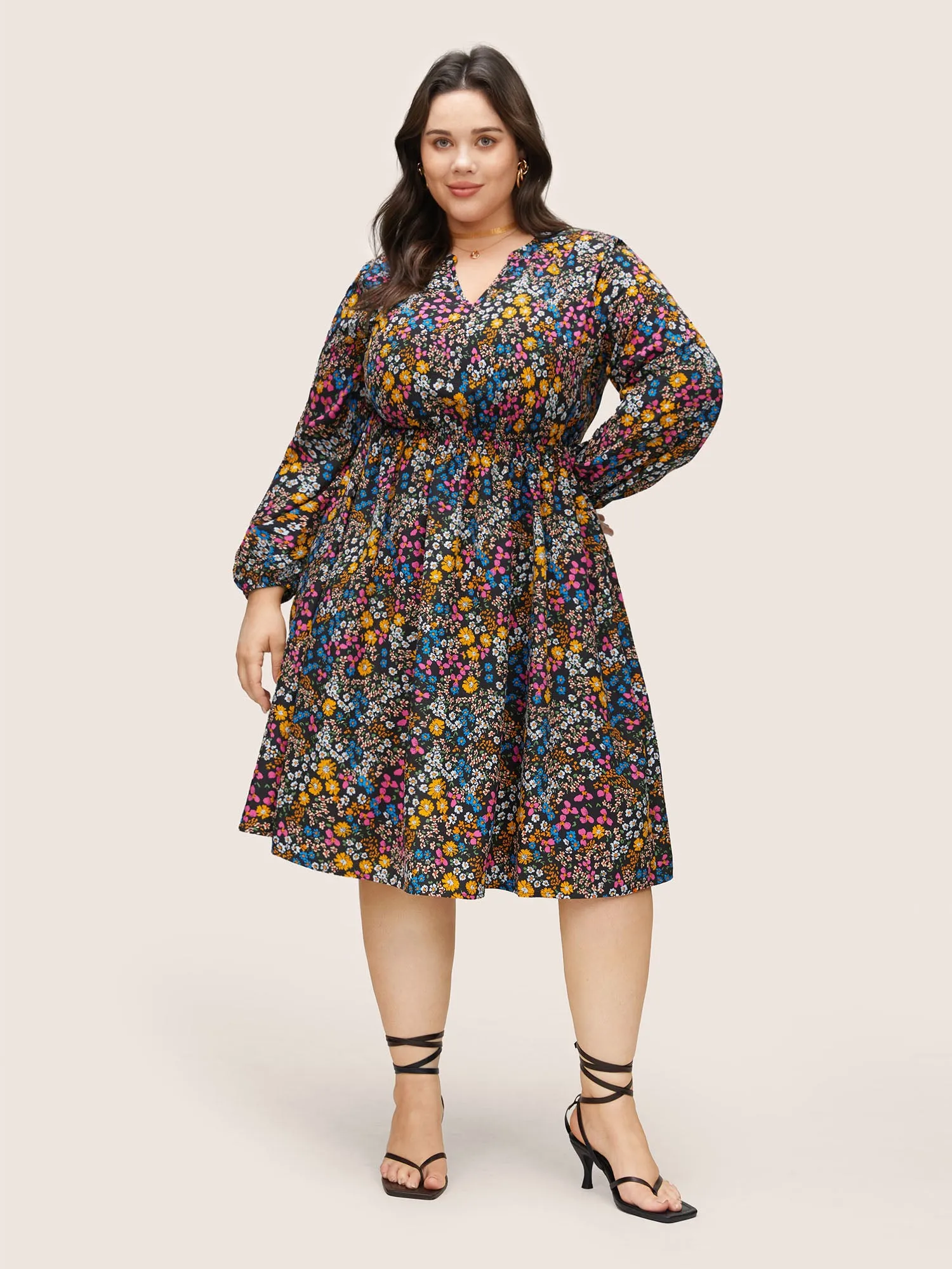 Ditsy Floral Notched Pocket Lantern Sleeve Dress sold by Bloomchic