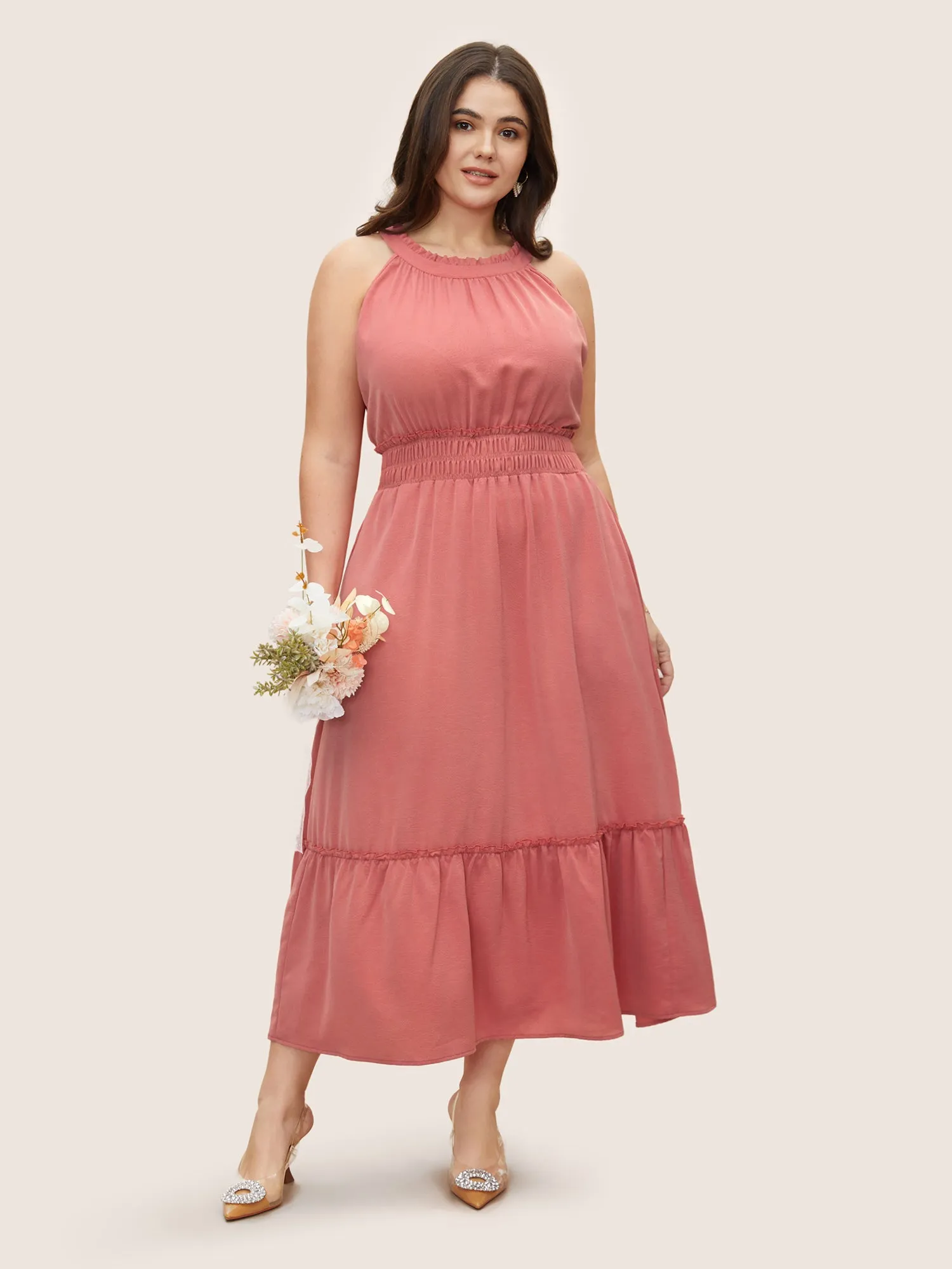 Halter Neck Shirred Frill Trim Gathered Dress sold by Bloomchic