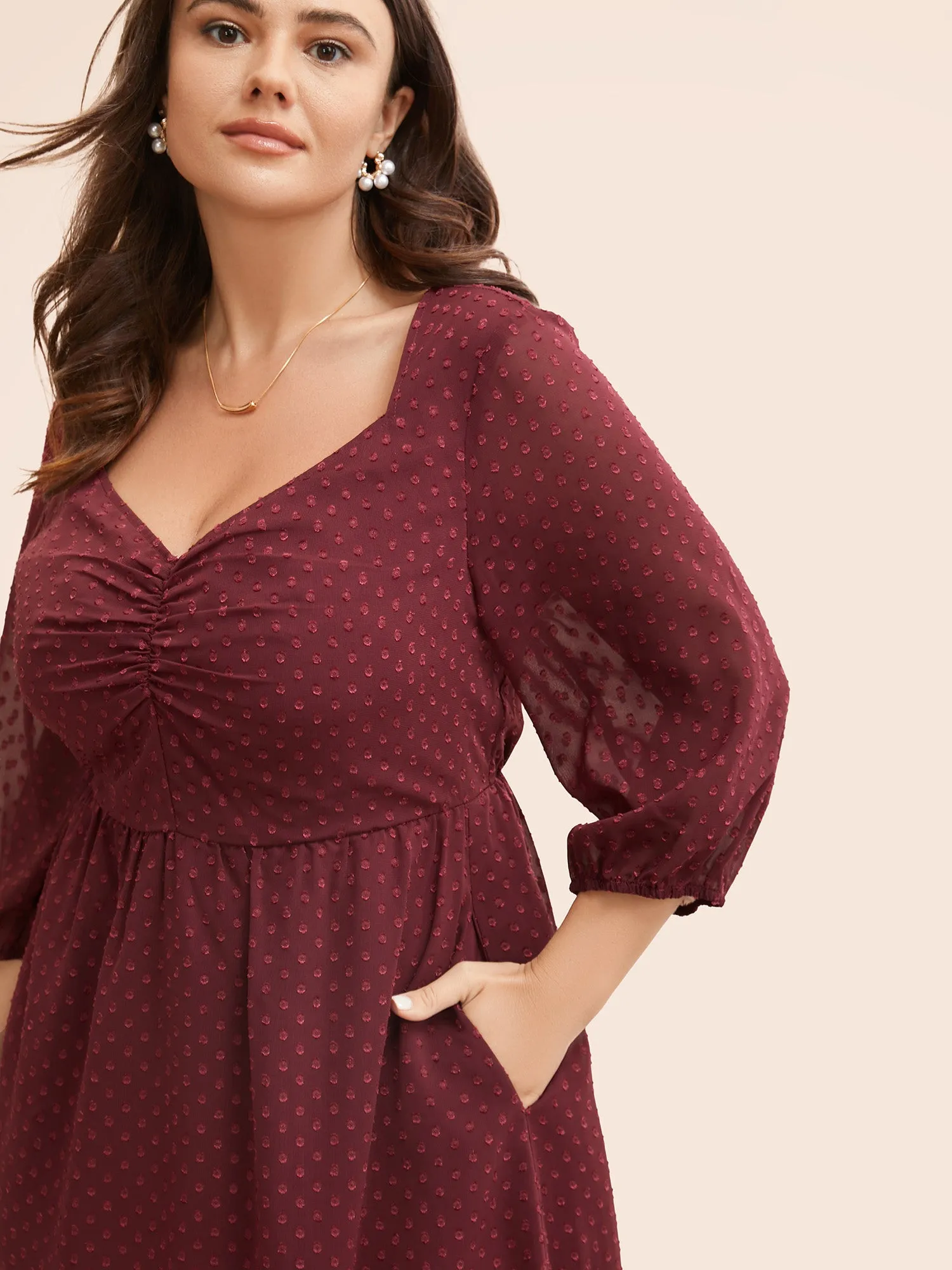 Plain Textured Ruched Lantern Sleeve Dress sold by Bloomchic product image thumbnail 3