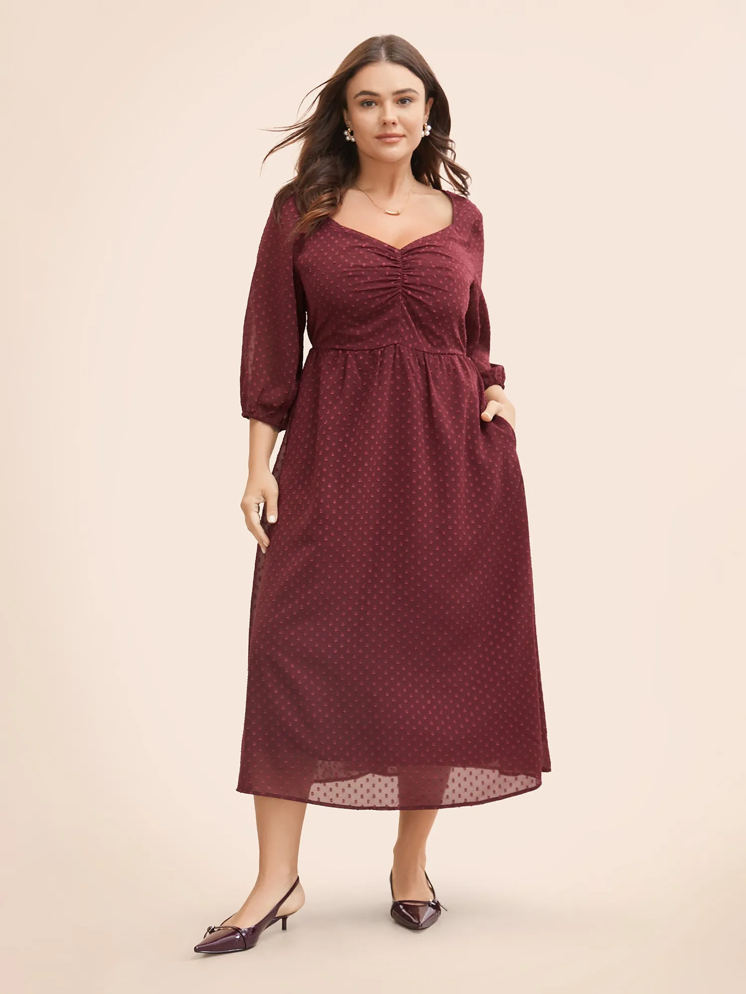 Plain Textured Ruched Lantern Sleeve Dress sold by Bloomchic product image thumbnail 2