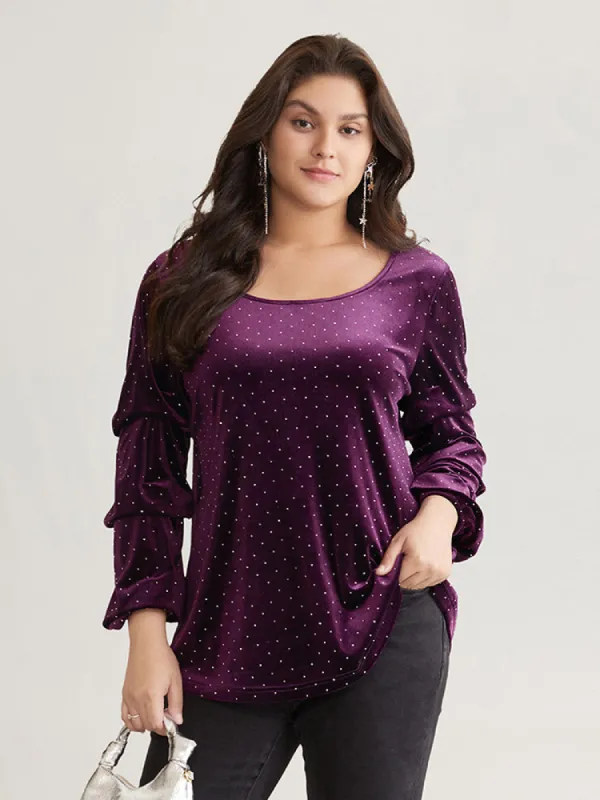 Plain Velvet Rhinestone Round Neck T-shirt sold by Bloomchic