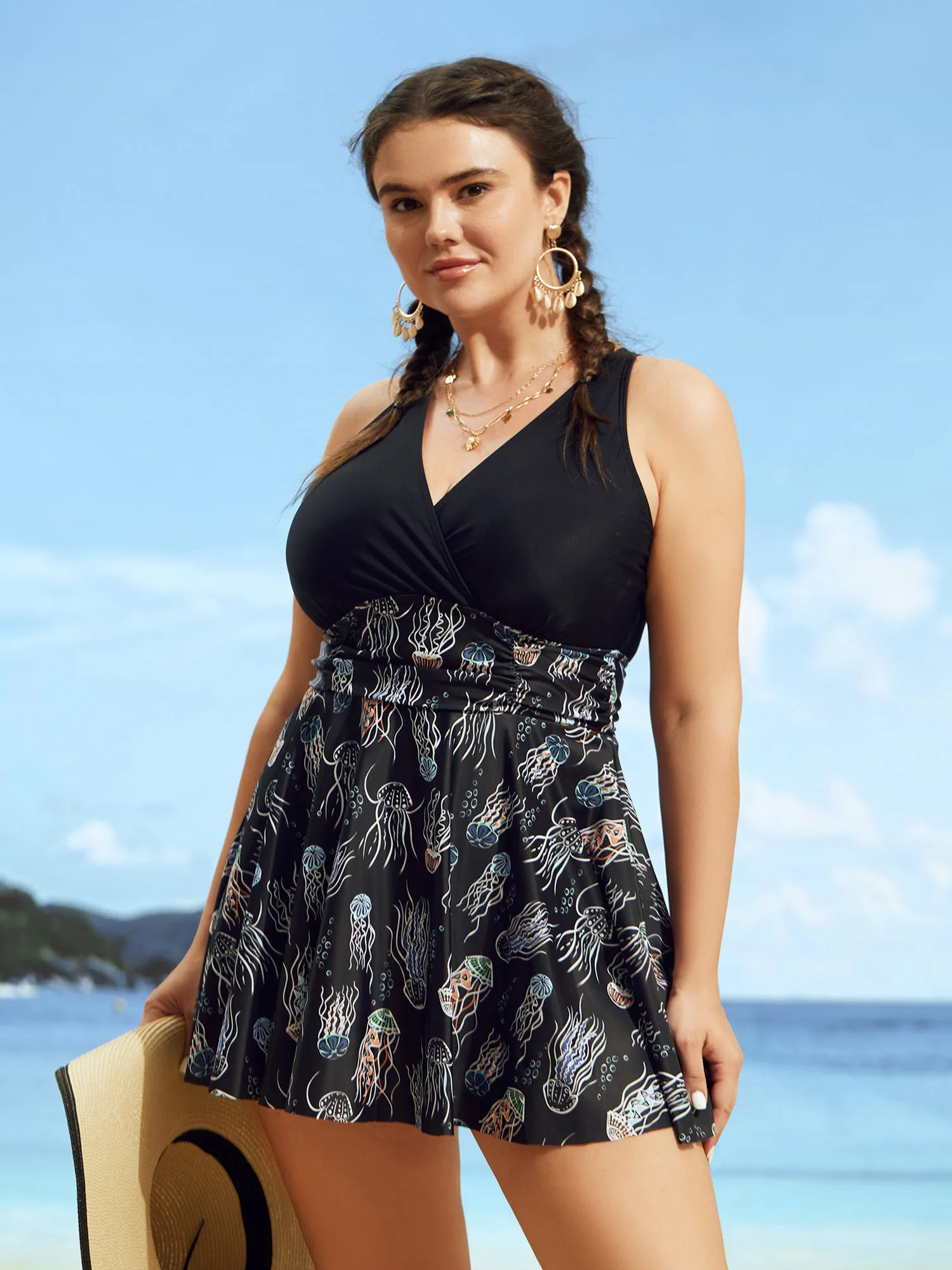Marine Elements Patchwork Ruched Swim Dress sold by Bloomchic