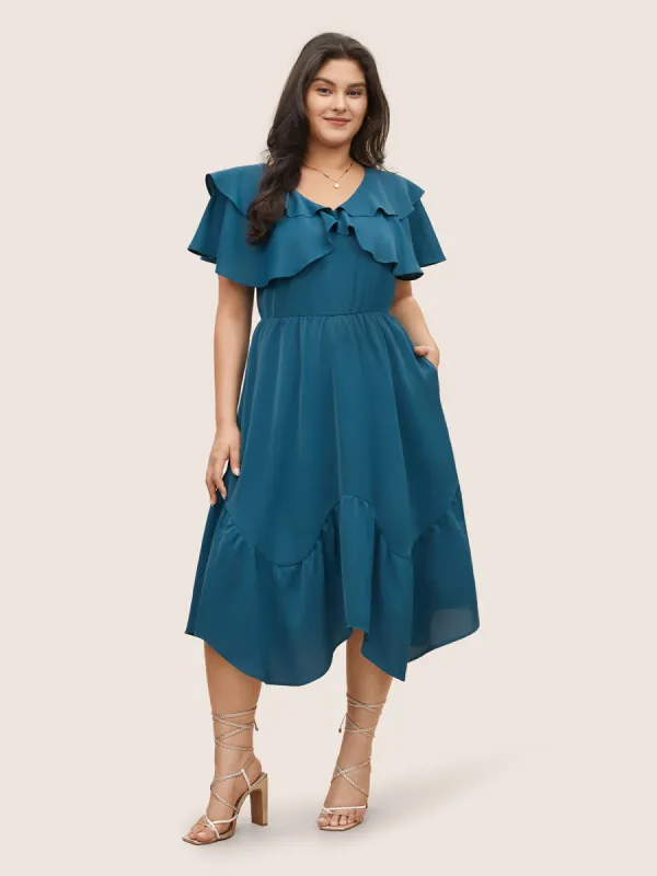 Tiered Ruffle Cap Sleeve Asymmetrical Hem Dress sold by Bloomchic