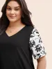 Silhouette Floral Print V Neck Patchwork T-shirt sold by Bloomchic