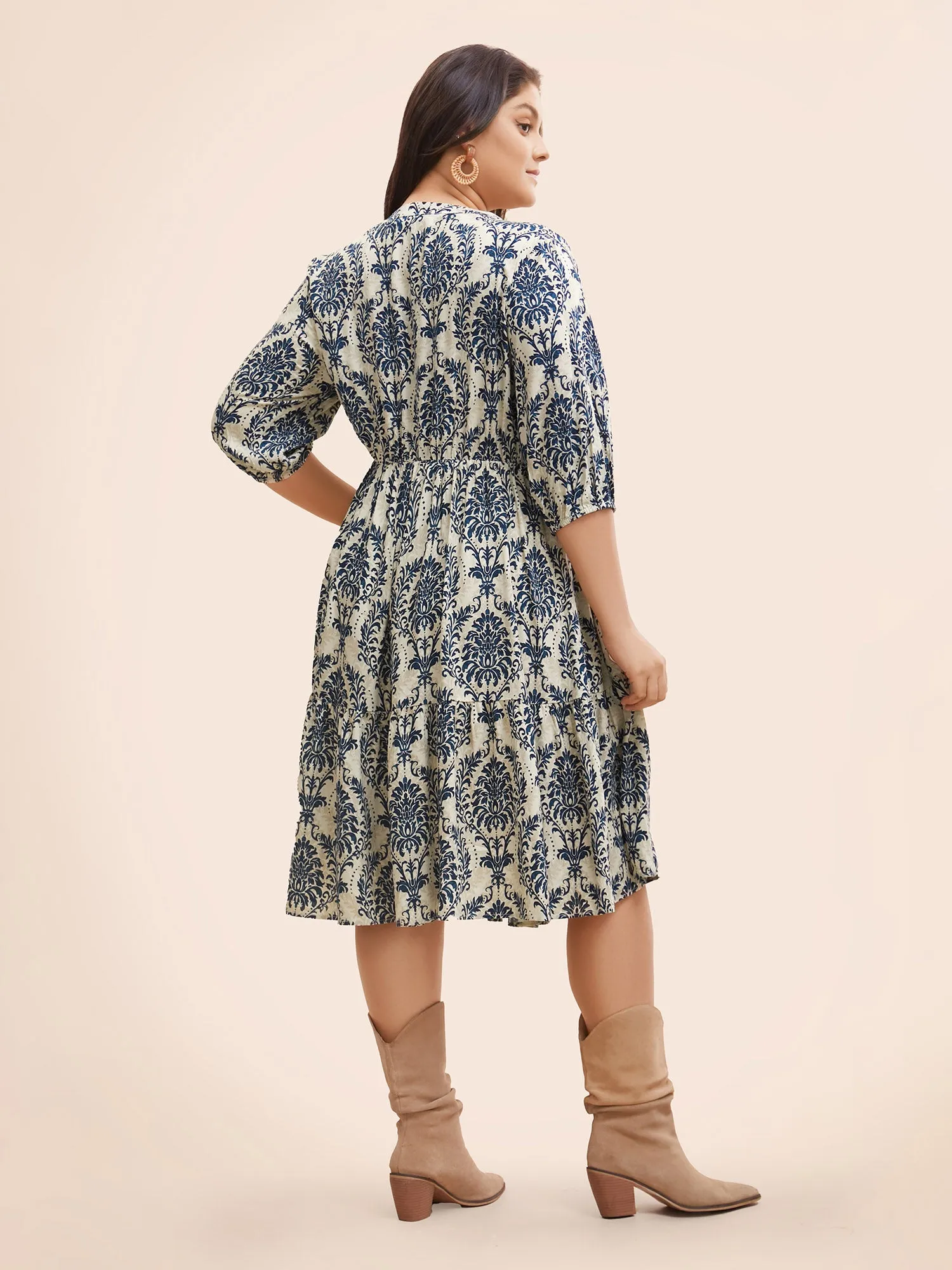Damask Print Tie Knot Puff Sleeve Dress sold by Bloomchic product image thumbnail 3