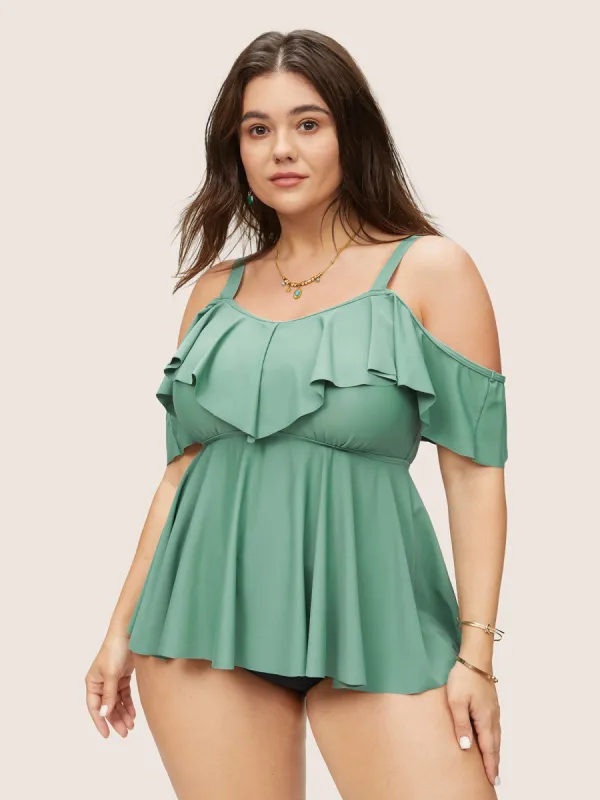Plain Ruffle Trim Cold Shoulder Swim Top sold by Bloomchic