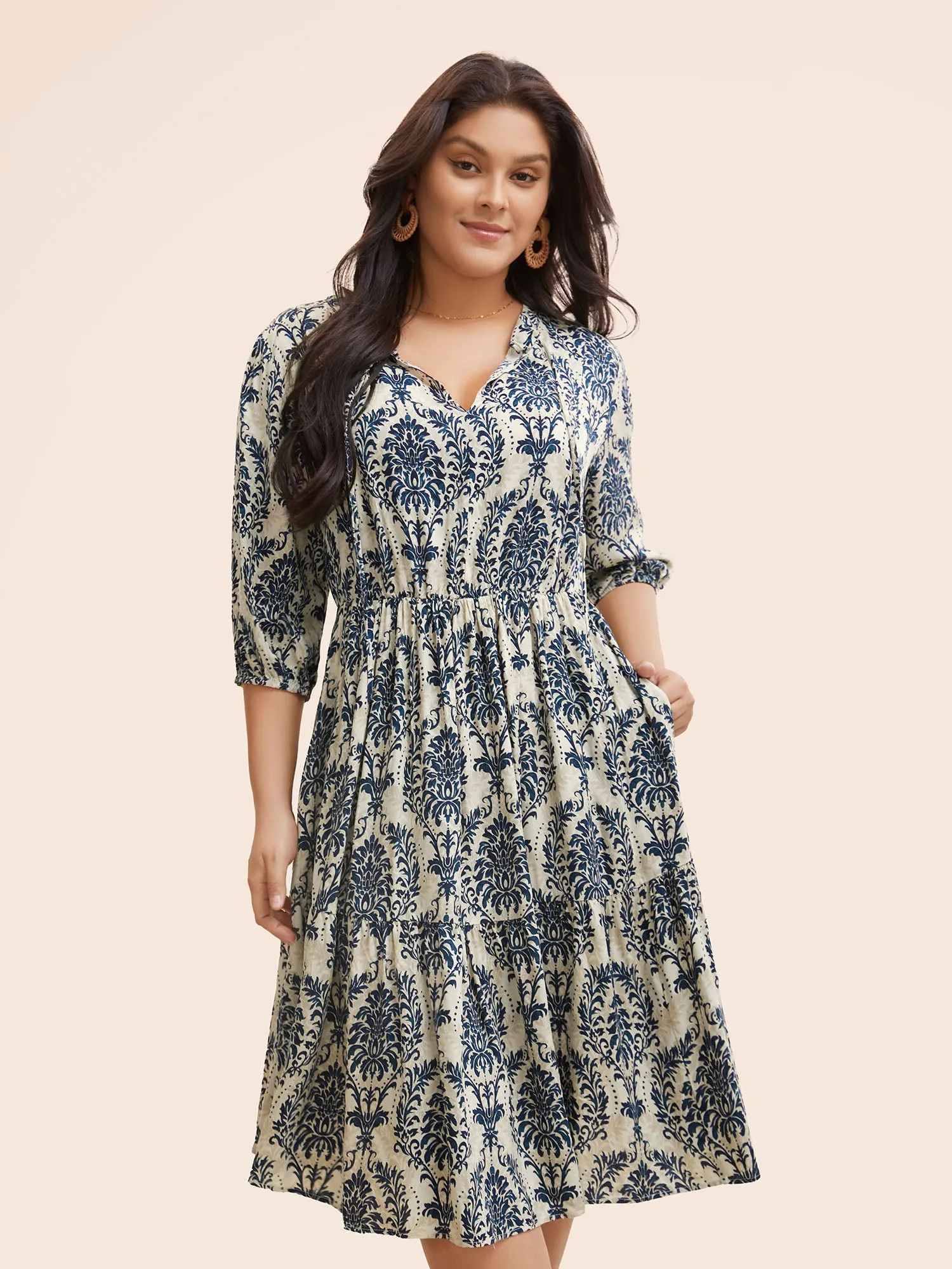 Damask Print Tie Knot Puff Sleeve Dress sold by Bloomchic product image thumbnail 2
