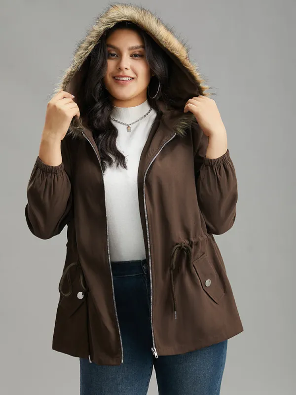 Fuzzy Trim Patchwork Zipper Drawstring Buckle Detail Jacket sold by Bloomchic