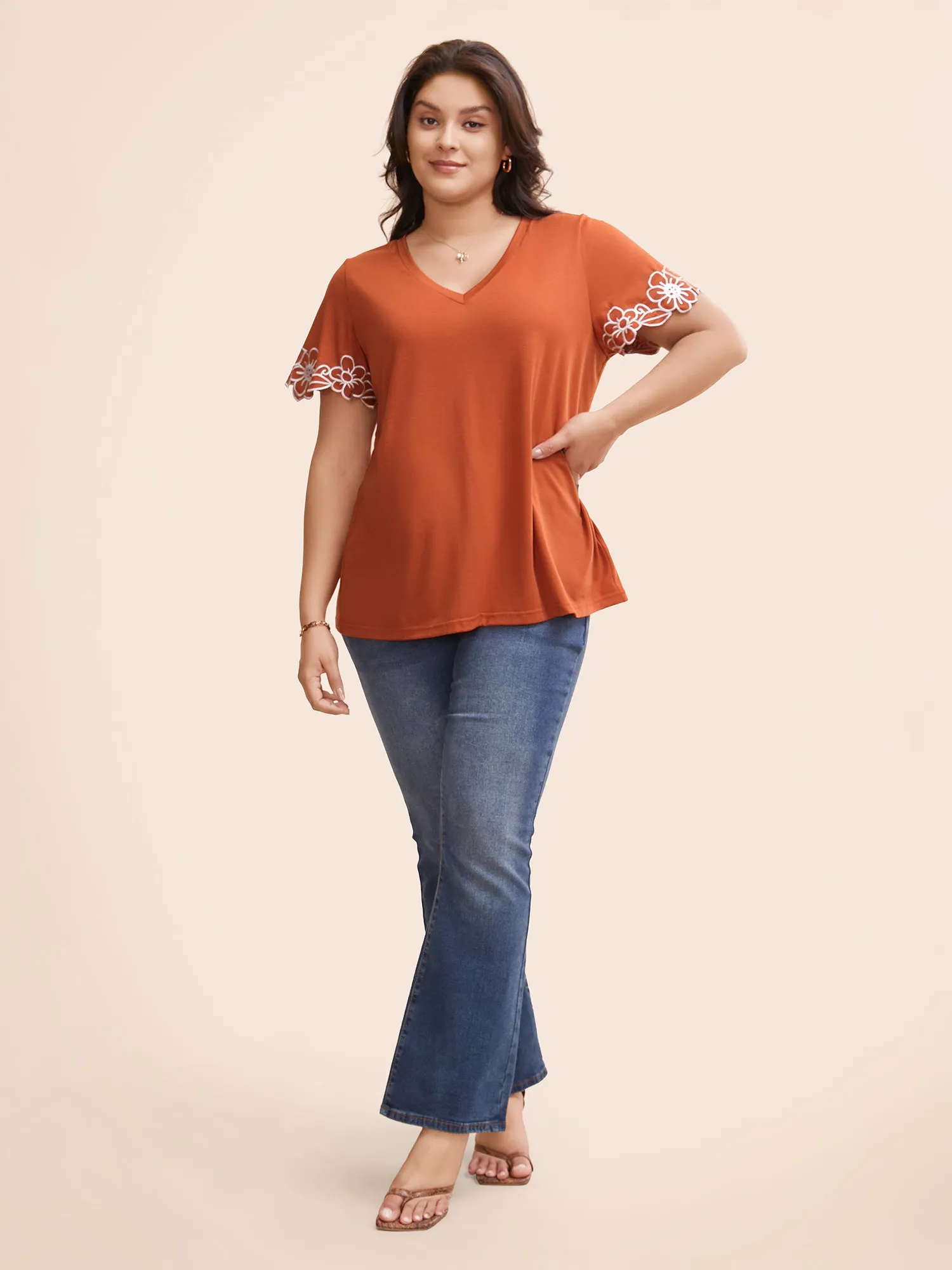 V Neck Floral Embroidered T-shirt sold by Bloomchic product image thumbnail 3