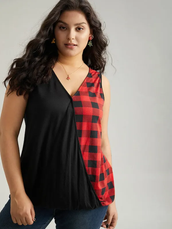 V Neck Plaid Patchwork Contrast Tank Top sold by Bloomchic