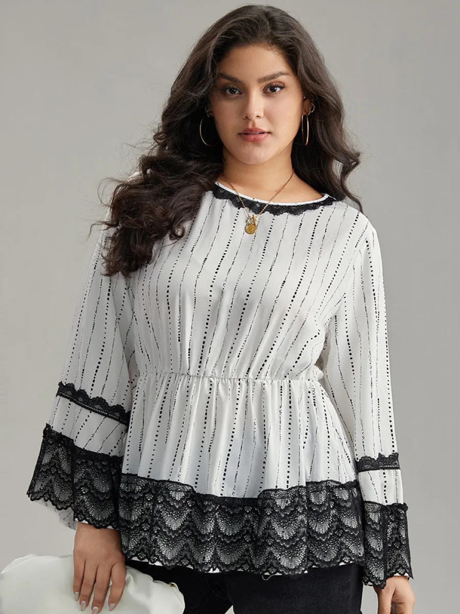 Dot Striped Contrast Lace Elastic Waist Blouse sold by Bloomchic