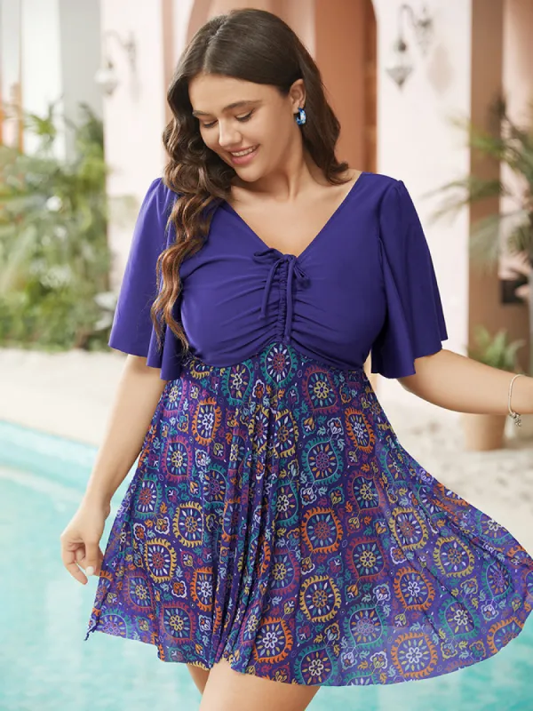 Paisley Drawstring Ruched Detail Ruffle Sleeve Swim Dress sold by Bloomchic