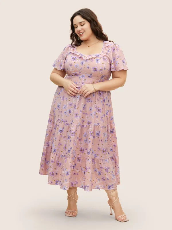 Floral Shirred Elastic Waist Frill Trim Midi Dress sold by Bloomchic