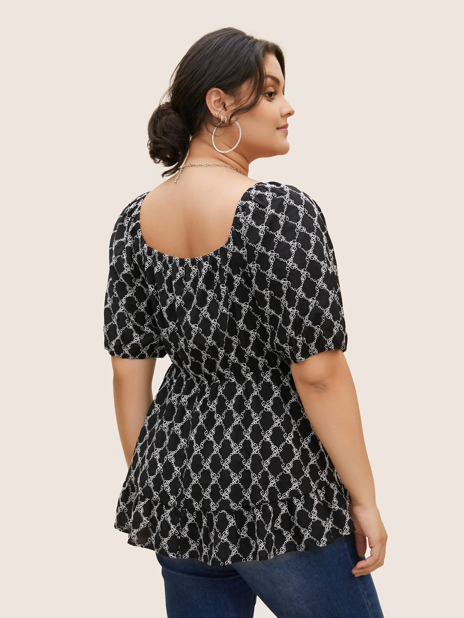 Embroidered Heart Neckline Lantern Sleeve Blouse sold by Bloomchic product image thumbnail 4