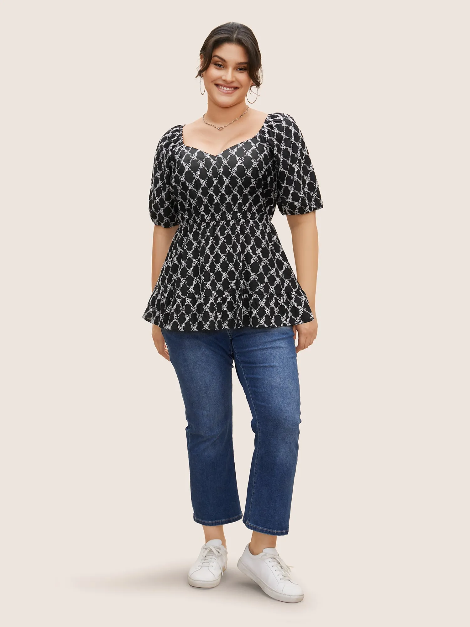 Embroidered Heart Neckline Lantern Sleeve Blouse sold by Bloomchic product image thumbnail 2