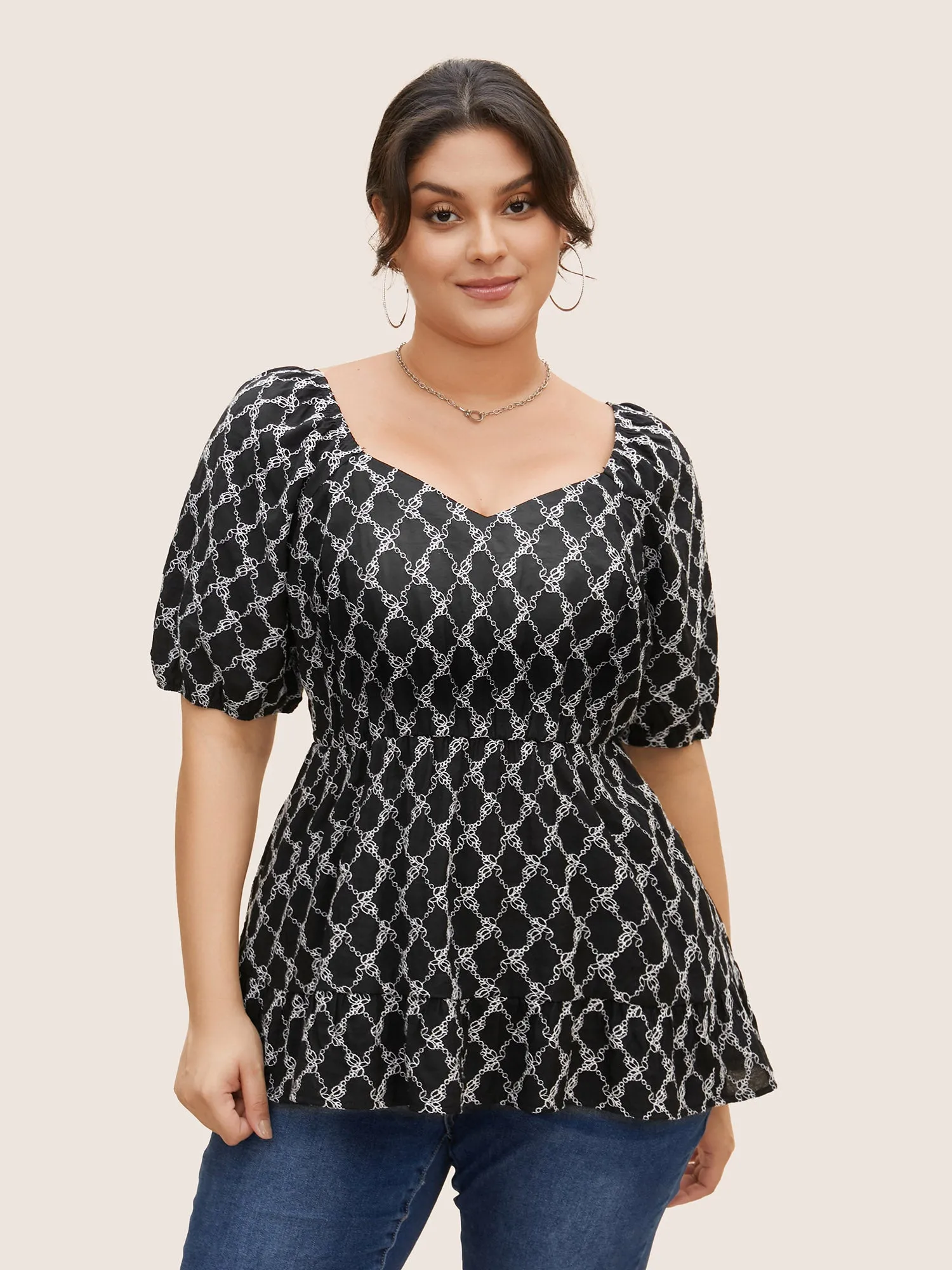 Embroidered Heart Neckline Lantern Sleeve Blouse sold by Bloomchic