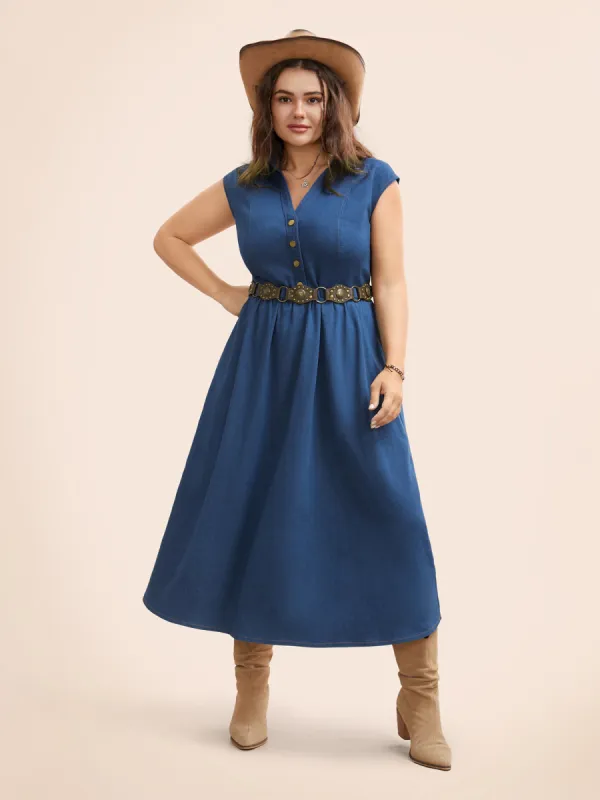 Stretch Denim Pleated Stand-up Collar Midi Dress sold by Bloomchic