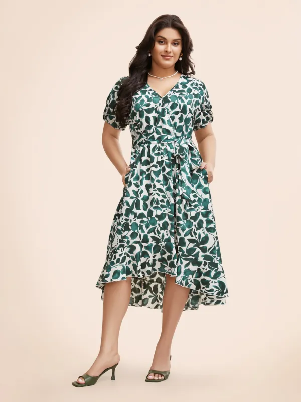 Overlap Collar Silhouette Floral Print Ruffles Dress sold by Bloomchic