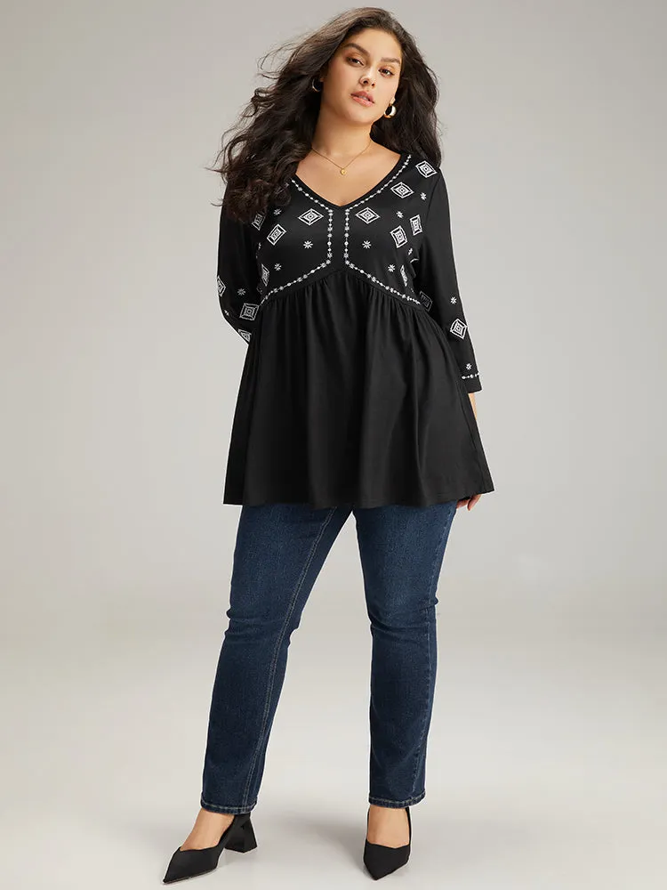 Bandana Embroidered V Neck Gathered T-shirt sold by Bloomchic product image thumbnail 4